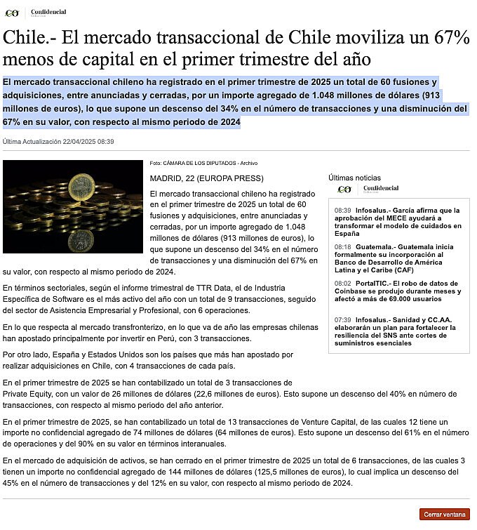 Chile.- El mercado transaccional de Chile moviliza un 67% menos de capital en el primer trimestre del ao